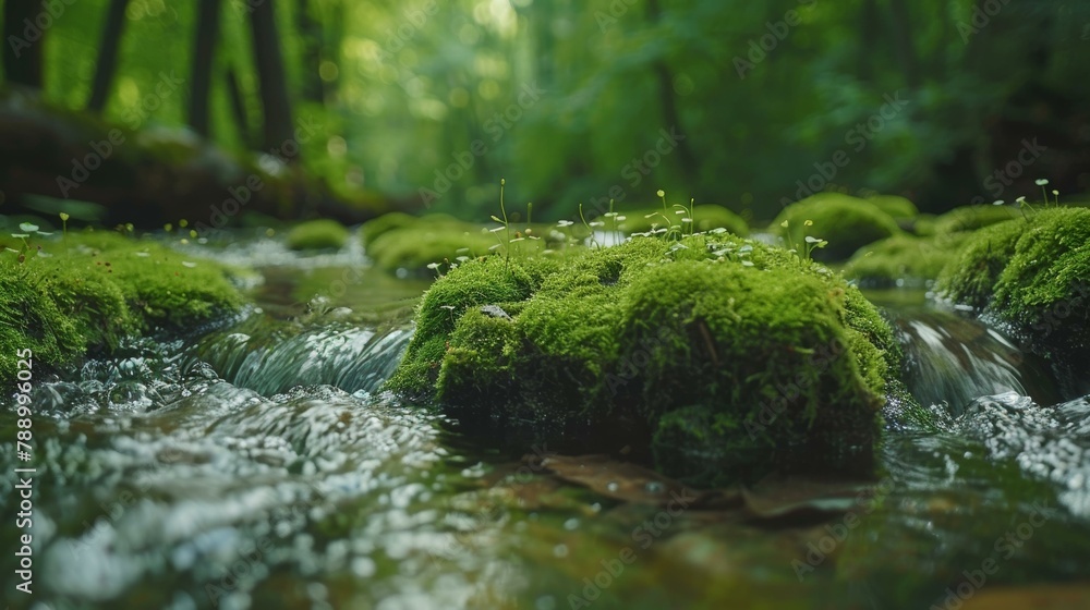 Green Moss on Stones in Forest by River Green Moss on Stones in Forest by River