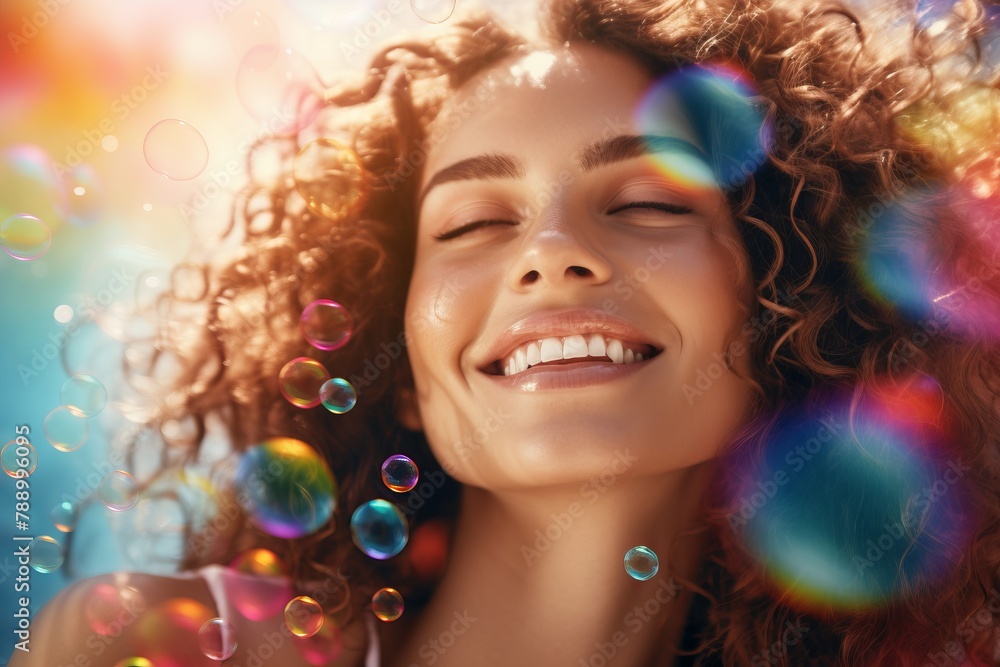 A teen blowing iridescent bubbles outdoors, creating a whimsical, dreamy atmosphere