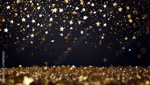 Gold confetti background dark stars abstract blurred bokeh bright brightly celebration christmas decoration defocused effect electricity aethereal festival festive funky gala 2024 2025 patt photo