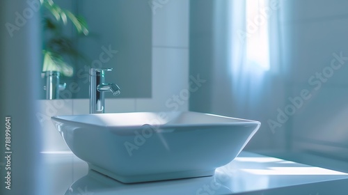 Closeup of white porcelain square basin in new bathroom : Generative AI photo