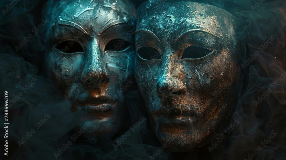 Two Theatrical Masks Good and Evil on Dark Background
