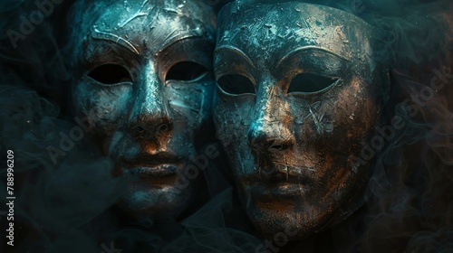 Two Theatrical Masks Good and Evil on Dark Background