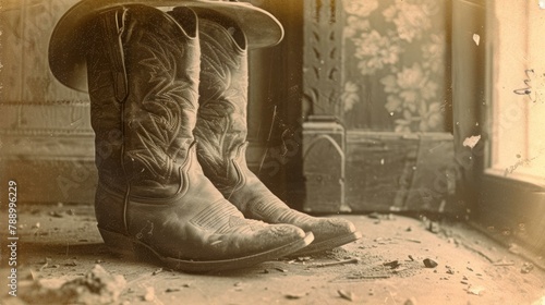 Wild West Cowboy Hat and Boots Vintage Photo