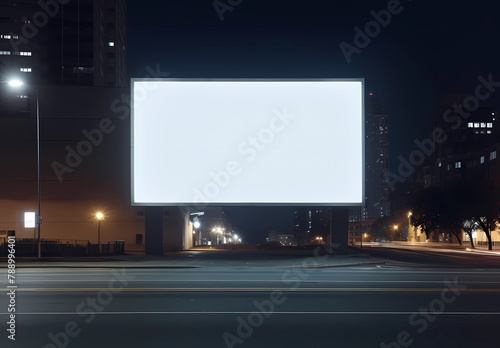 A blank billboard on the side of an urban street at night