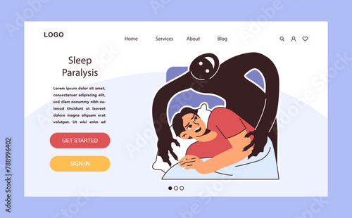 Sleep paralysis web or landing. Sleep or mental health disorder. Young