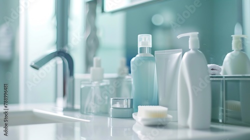 Morning hygiene products on white table top of defocused bathroom : Generative AI photo