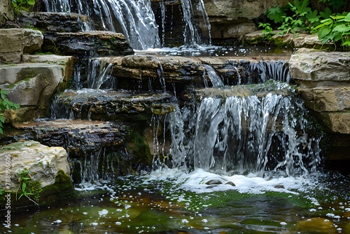 : Waterfall cascades on green rocks, new beginnings.