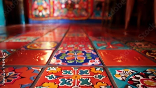 Bold red tiles cover the floor reminiscent of the streets of Mexico. The walls are adorned with handwoven tapestries featuring vibrant images of traditional Mexican celebrations such . photo