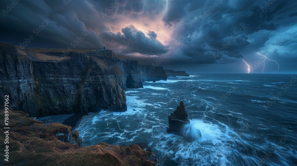 Dramatic Landscapes: A photo of a coastal scene with towering cliffs and turbulent sea under a stormy sky