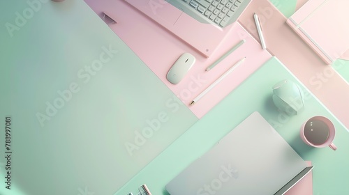 Pastel office desk table with laptop and supplies Top view with copy space flat lay : Generative AI