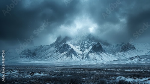 Dramatic Landscapes: A photo of a dramatic winter landscape with snow-covered mountains and dark storm clouds