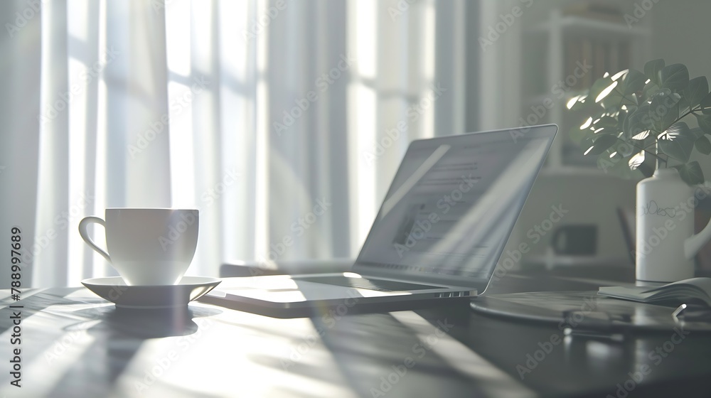 Close up view of a work desk interior with a laptop computer a cup of coffee and white curtains on a sunny day : Generative AI Close up view of a work desk interior with a laptop computer a cup of coffee and white curtains on a sunny day : Generative AI