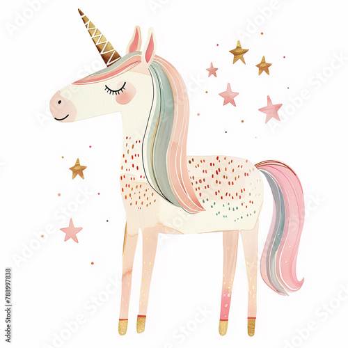 Fantasy Whimsical Unicorn Pony with Stars Watercolor Illustration photo