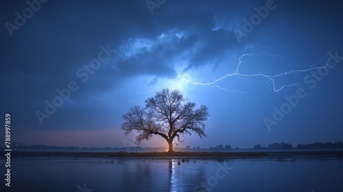 Extreme Weather: A photo of a tree struck by lightning during a thunderstorm photo