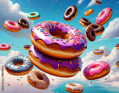 Donuts with sprinkles falling from the sky. Donuts background 