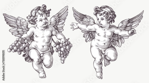 Pair of flying Cupids or angels carrying bunch of gra