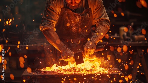 Flame and Fire: A photo of a traditional blacksmith at work, hammering red-hot metal on an anvil