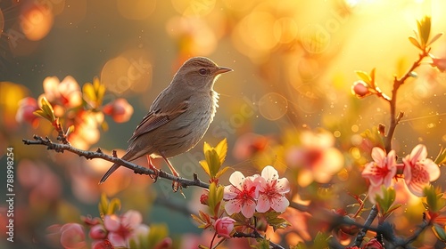 Sunlit Meadow and Colorful Bird Poised for Flight among Blooming Flowers