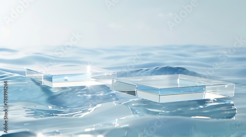 Two empty clear glass square podiums on blue transparent calm water texture with waves in sunlight Abstract nature background for product presentation Flat lay cosmetic mockup copy spa : Generative AI