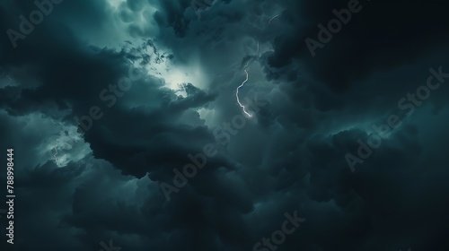 A dark cloudy sky with thunder lightning bolt strike close up Weather and Nature background : Generative AI © Generative AI