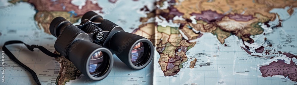 A pair of binoculars rests on a world map, depicting the theme of global exploration and broadened horizons A pair of binoculars rests on a world map, depicting the theme of global exploration and broadened horizons