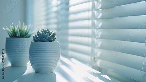 White interior background closeup abstract details painted light table roman blinds window blue flowerpots with house plants on the desk Interior design home : Generative AI photo