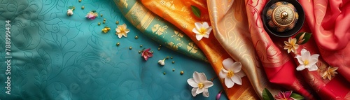 A beautiful banner with red, orange and yellow silk and white flowers. photo
