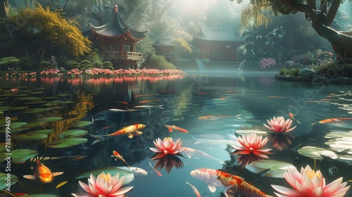 A beautiful pond with red and white koi fish and lily pads. There is a pavilion in the background and trees and shrubs line the banks. photo