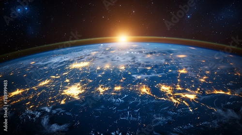 A beautiful shot of Earth from space showing the curvature of the planet, the atmosphere, and the city lights. #788999483