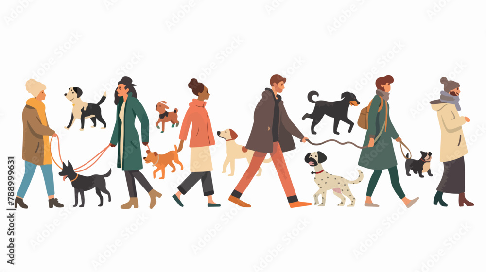 People walking with his dogs of different breeds. Col