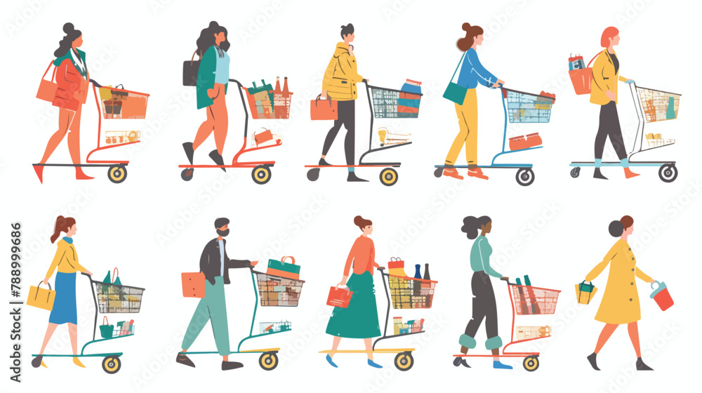 People with shopping carts set. Buyers consumers