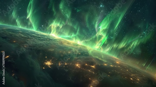 A view of the Earth from space showing the aurora caused by the interaction of the solar wind with the Earth's magnetic field.
