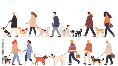 People walking with his dogs of different breeds