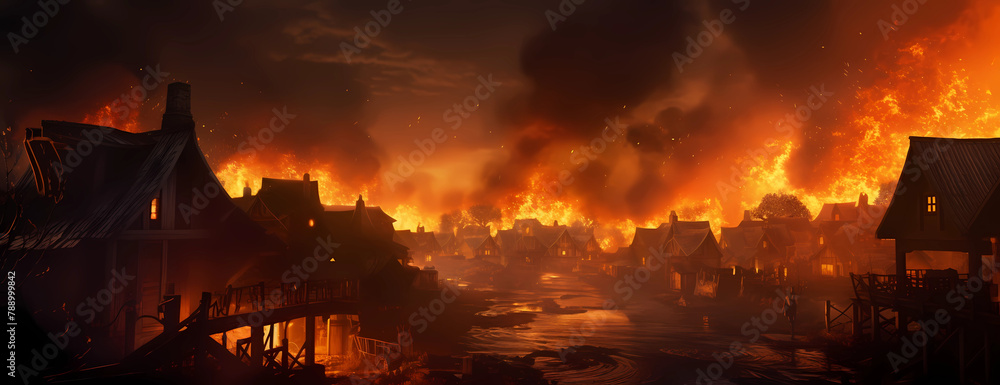 A burning village in the background