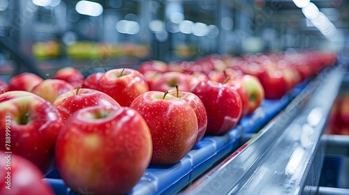 Fresh apples on conveyor belt in food processing facility