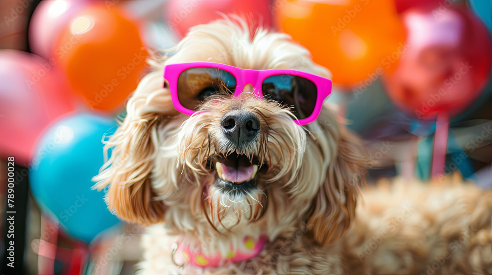 Φωτογραφία Cheerful dog wearing pink sunglasses at a colorful balloon party