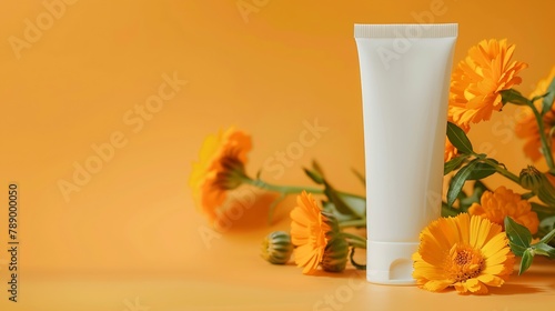 White plastic tube with face hand and body cream and calendulamarigold flowers Organic cosmetic concepttemplate  Flat laycopy space : Generative AI photo