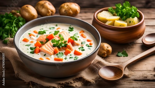 Salmon soup with cream, potatoes, carrots and parsley on wooden background. 