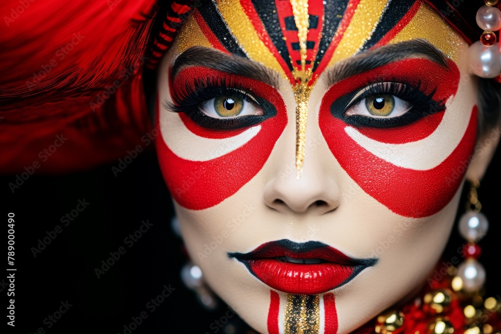 
A close-up portrait of a Circus aesthetic makeup look, featuring bold red lips, dramatic eyeliner, and colorful face paint, embodying the spirit of circus performance and spectacle