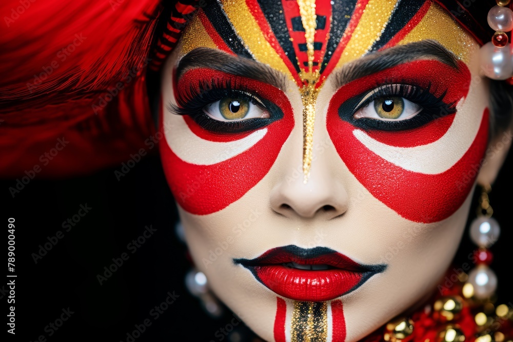 A close-up portrait of a Circus aesthetic makeup look, featuring bold red lips, dramatic eyeliner, and colorful face paint, embodying the spirit of circus performance and spectacle
A close-up portrait of a Circus aesthetic makeup look, featuring bold red lips, dramatic eyeliner, and colorful face paint, embodying the spirit of circus performance and spectacle