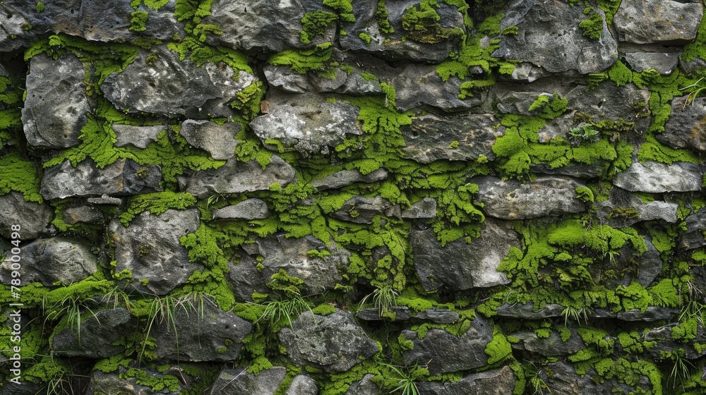 Lush green moss on an old stone wall