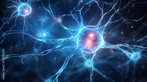 Neuron cells nervous system closeup, abstract blue glitter neuron cells in brain artistic background