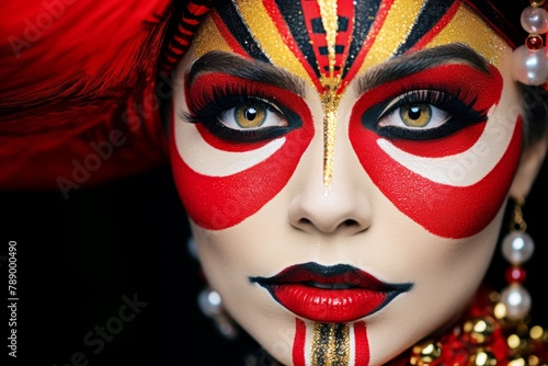  A close-up portrait of a Circus aesthetic makeup look, featuring bold red lips, dramatic eyeliner, and colorful face paint, embodying the spirit of circus performance and spectacle