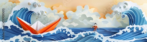 A paper boat navigating through waves with a small figure on lookout, illustrating the resilience and determination needed in exploring new ventures