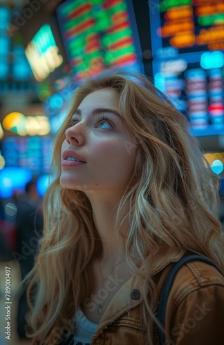 Woman monitoring digital screen displaying fluctuating stock prices with focused attention and analysis © yevgeniya131988