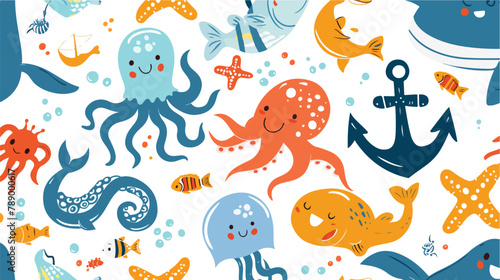 Pirate marine animals flat vector seamless pattern