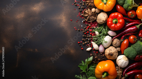Gourmet cooking delicious dishes illustration, condiments and spices on black background top view