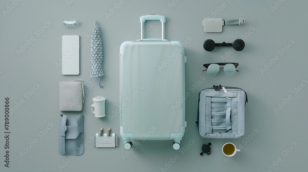 Obraz premium Flat lay composition with packed suitcase and travel accessories on grey background Summer vacation : Generative AI