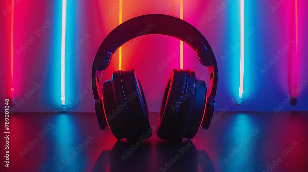 black stylish modern wireless headphone in neon lights over colorful background black stylish modern wireless headphone in neon lights over colorful background