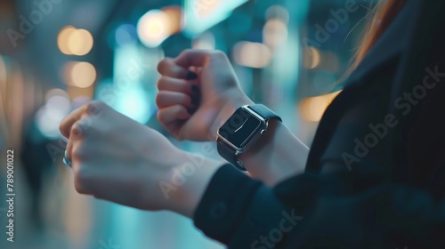 Young business woman is late on time in a hurry she checks the deadline on her smart watch High quality photo Hands closeup business and technology concept close up copy space : Generative AI photo